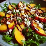Fresh Peach Arugula Salad with nuts and dressing on a plate