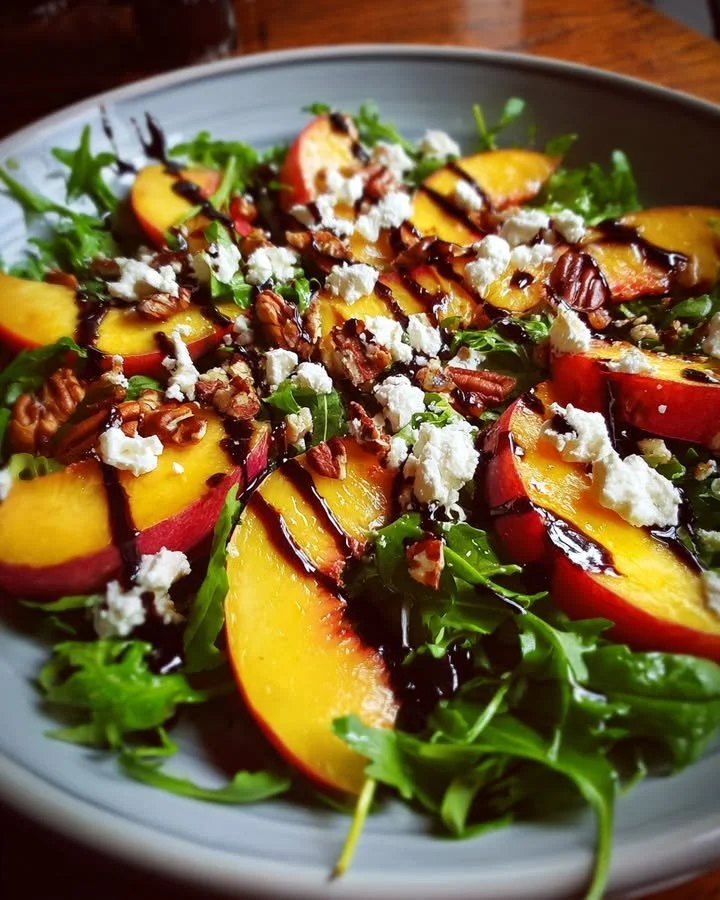 Fresh Peach Arugula Salad with nuts and dressing on a plate