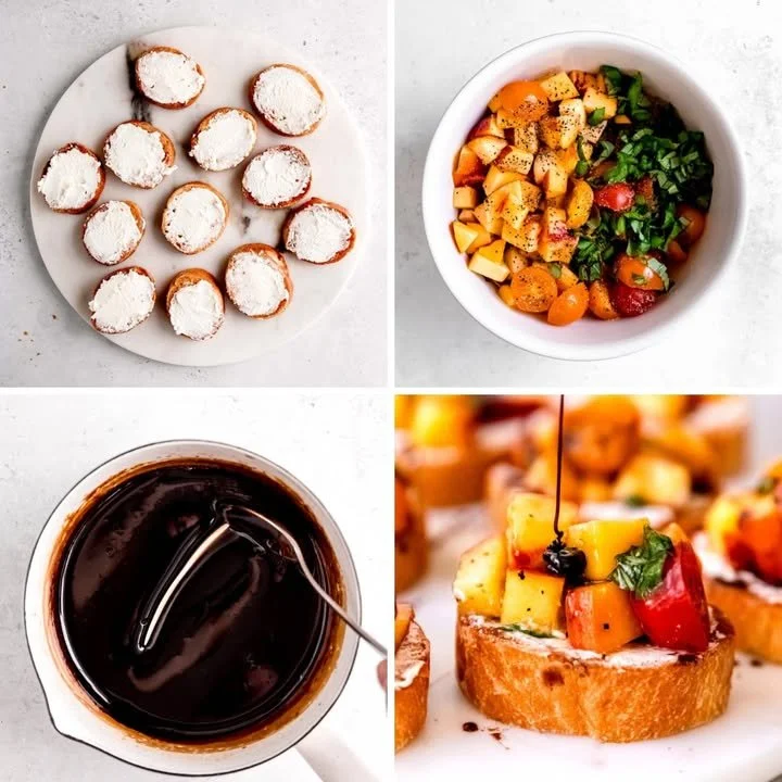 Delicious Peach Bruschetta topped with fresh herbs and drizzled with balsamic glaze.
