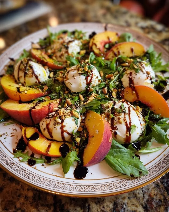 Peach Burrata Salad with fresh peaches and creamy cheese on a plate