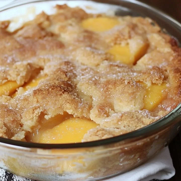 Freshly baked peach cobbler served in a dish with a golden crust.