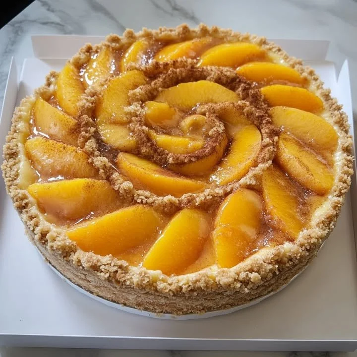 Delicious peach cobbler cheesecake topped with fresh peach slices and crumble.