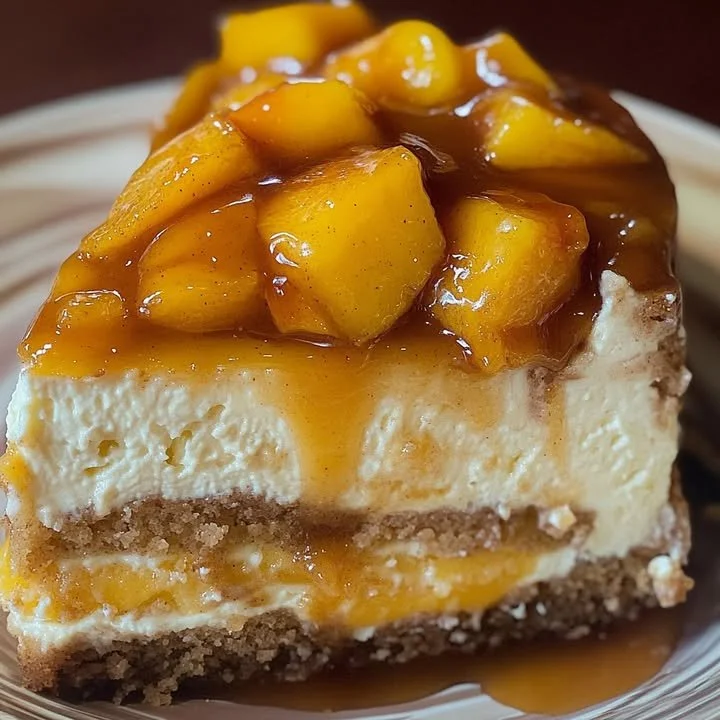 Delicious Peach Cobbler Cheesecake topped with fresh peaches and crumbly crust.