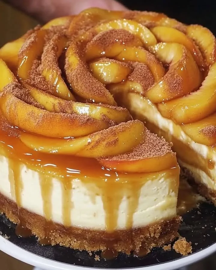 Slice of Peach Cobbler Cheesecake with a golden crust and peach topping