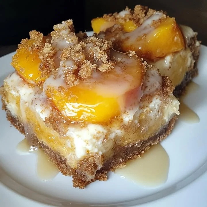 Peach Cobbler Cheesecake Bars with a golden crust and fresh peach topping