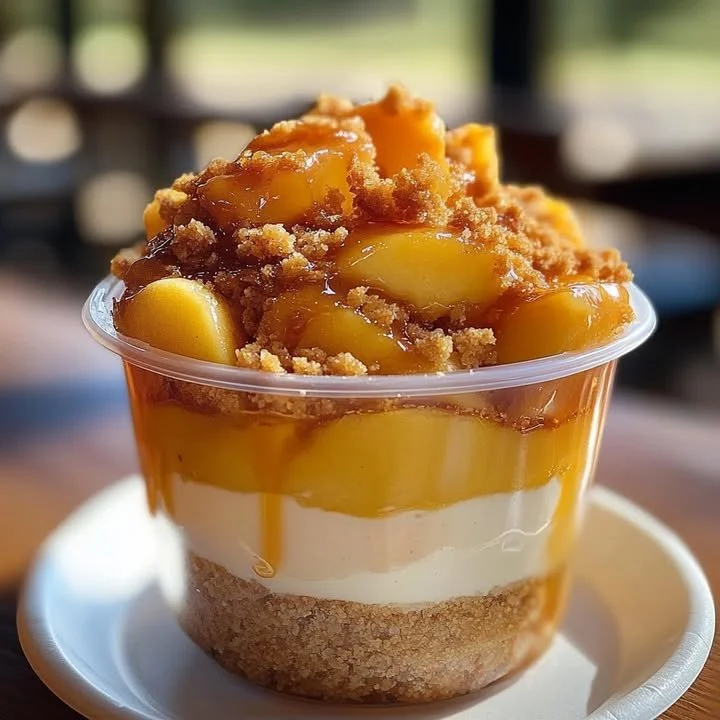 Peach cobbler cheesecake cups served in individual cups with a light peach topping.