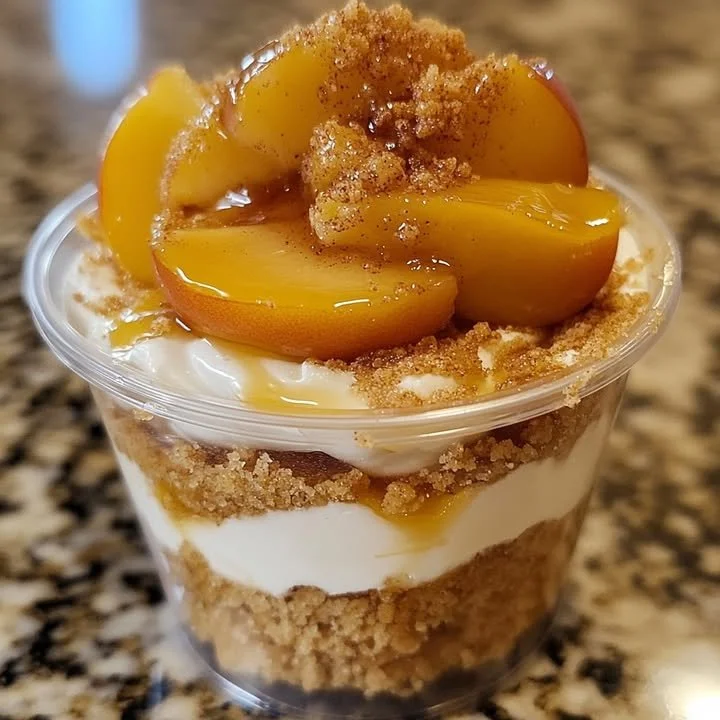Delicious Peach Cobbler Cheesecake Cups topped with fresh peaches and crumble.