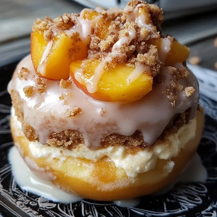 Peach Cobbler Donuts filled with cheesecake on a rustic plate