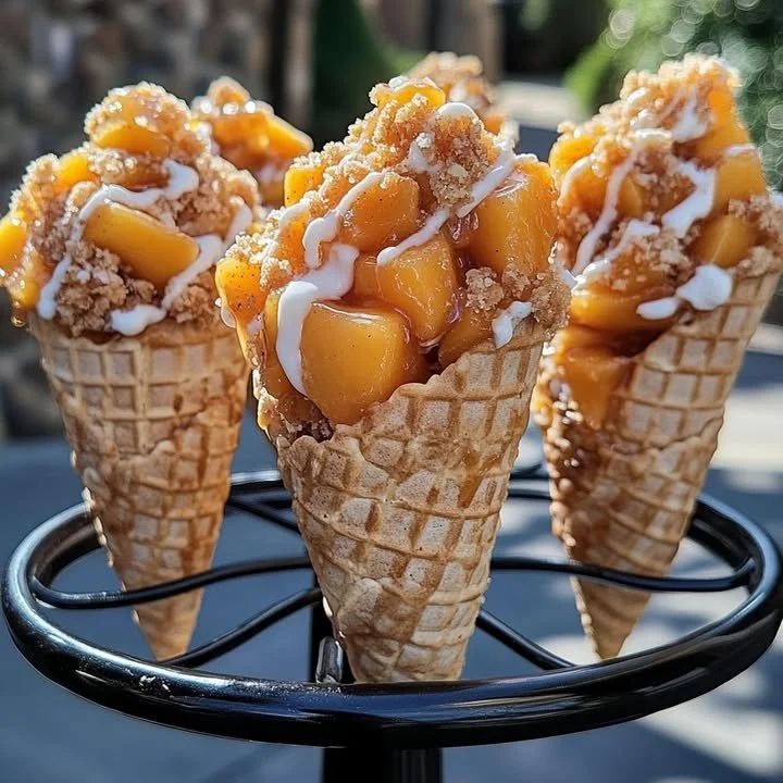 Peach cobbler dessert cones topped with whipped cream and fresh peaches
