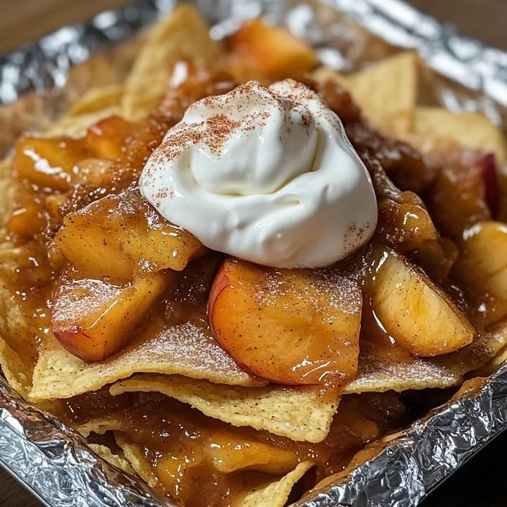 Delicious Peach Cobbler Nachos topped with cinnamon and whipped cream on a plate.