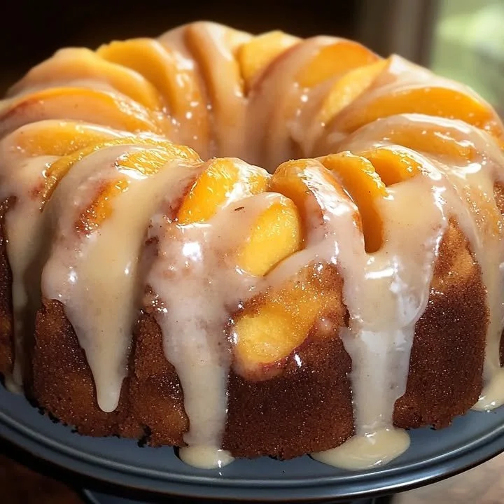 Delicious Peach Cobbler Pound Cake with fresh peaches and buttery crust