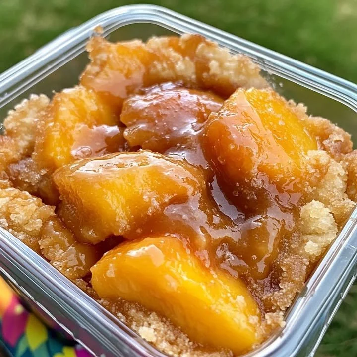 Homemade Peach Cobbler topped with a golden crust and fresh peaches