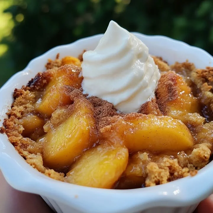 Delicious peach cobbler topped with brown sugar and Saigon cinnamon crust