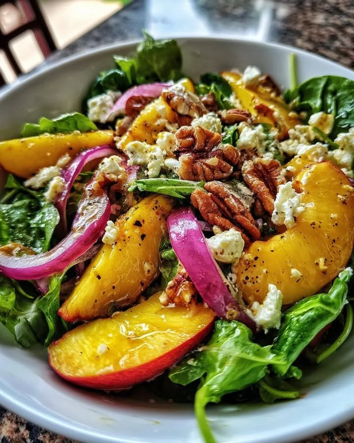 Fresh Peach Feta Salad with sliced peaches, feta cheese, and greens