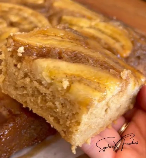 Peanut Butter Banana Upside Down Cake topped with caramelized bananas