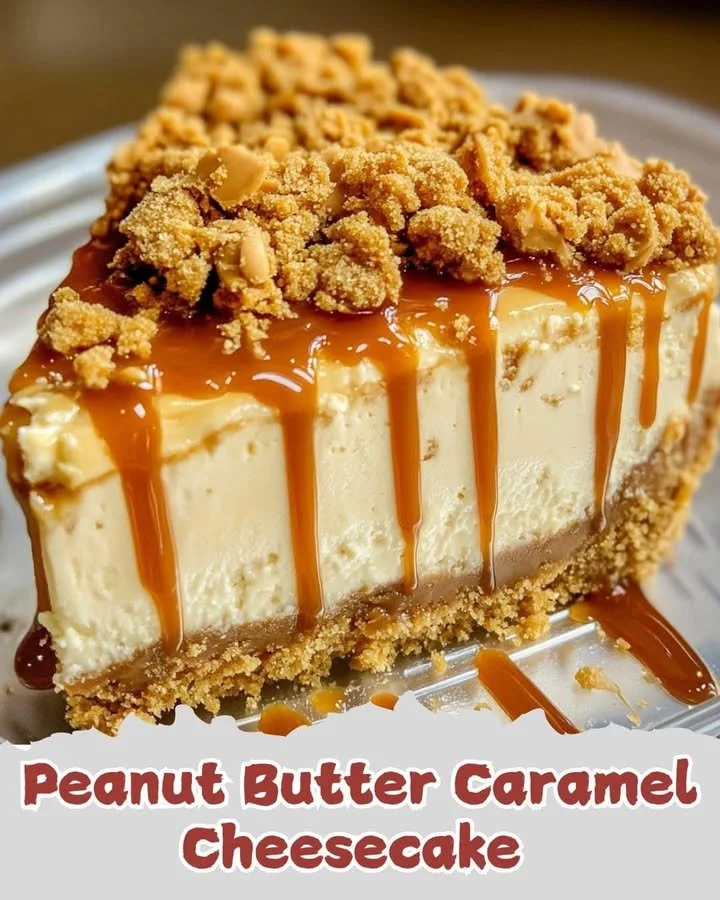 Peanut Butter Caramel Cheesecake topped with caramel drizzle and peanuts