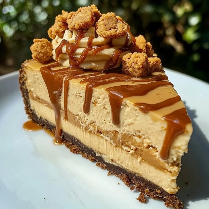 Slice of delicious peanut butter cheesecake with chocolate drizzle