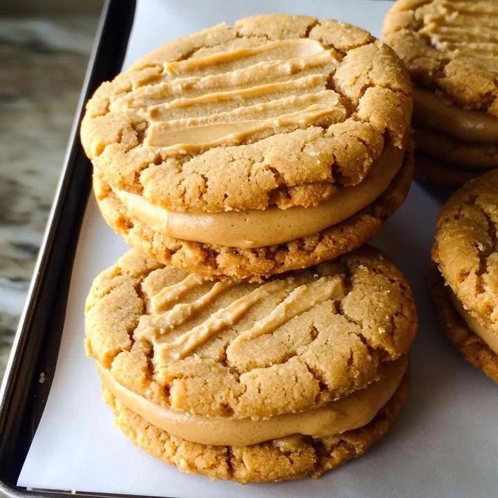 Peanut Butter Sandwich Cookies stacked on a plate with creamy filling