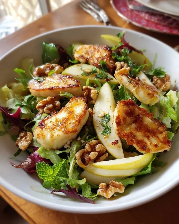 Pear & Halloumi Salad with walnuts, mint leaves, and honey dressing on a plate