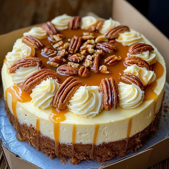 Delicious Pecan Caramel Cheesecake topped with caramel and pecans