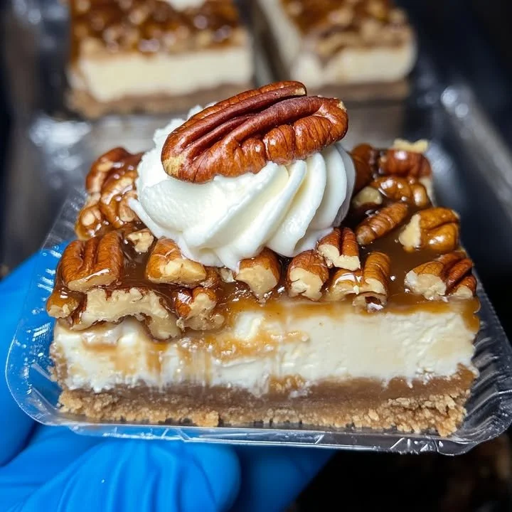 Delicious pecan pie cheesecake bars topped with pecans and caramel