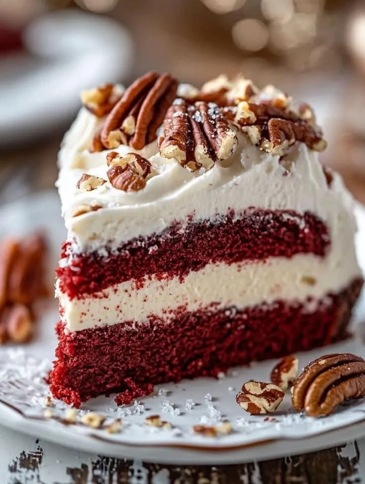 Delicious Pecan Cheesecake topped with red velvet layers