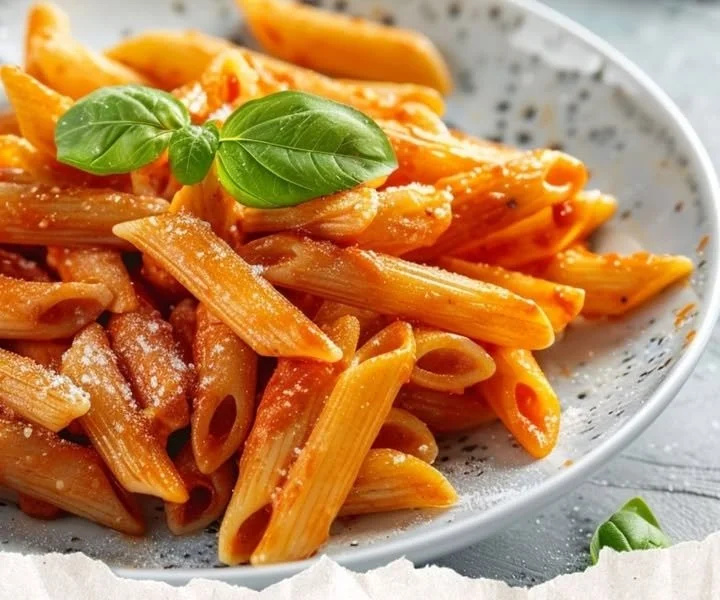 Delicious Penne with Vodka served in a bowl garnished with basil.