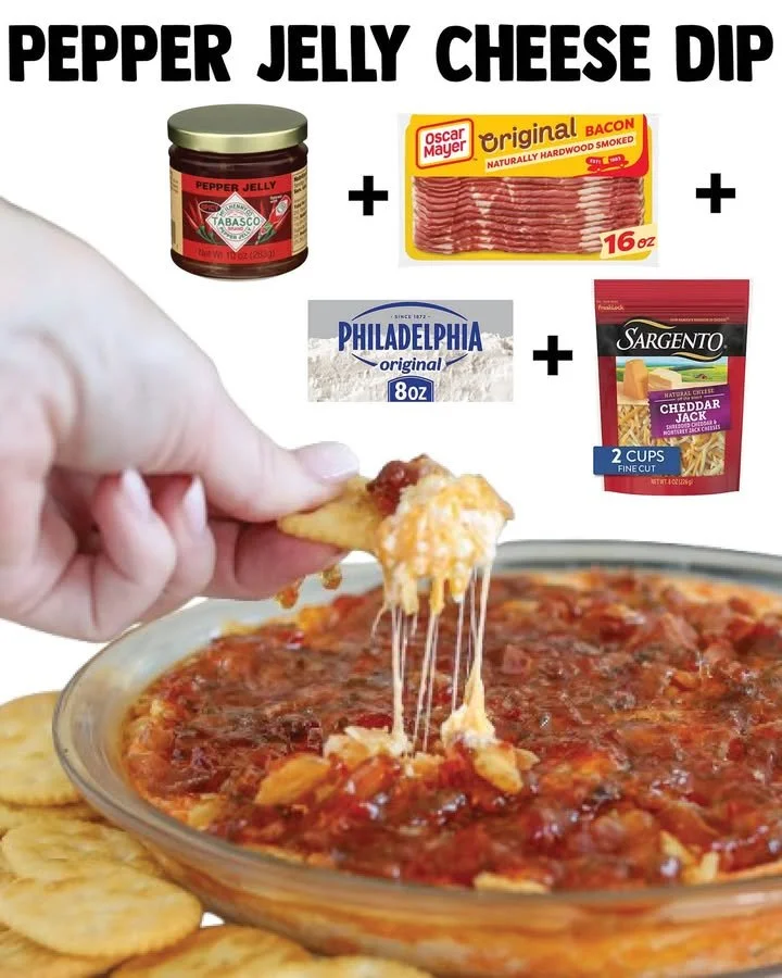Delicious pepper jelly cheese dip served with crackers and garnished with herbs