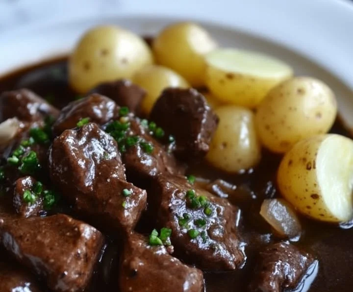 Peppered beef stew with vegetables in a rustic bowl