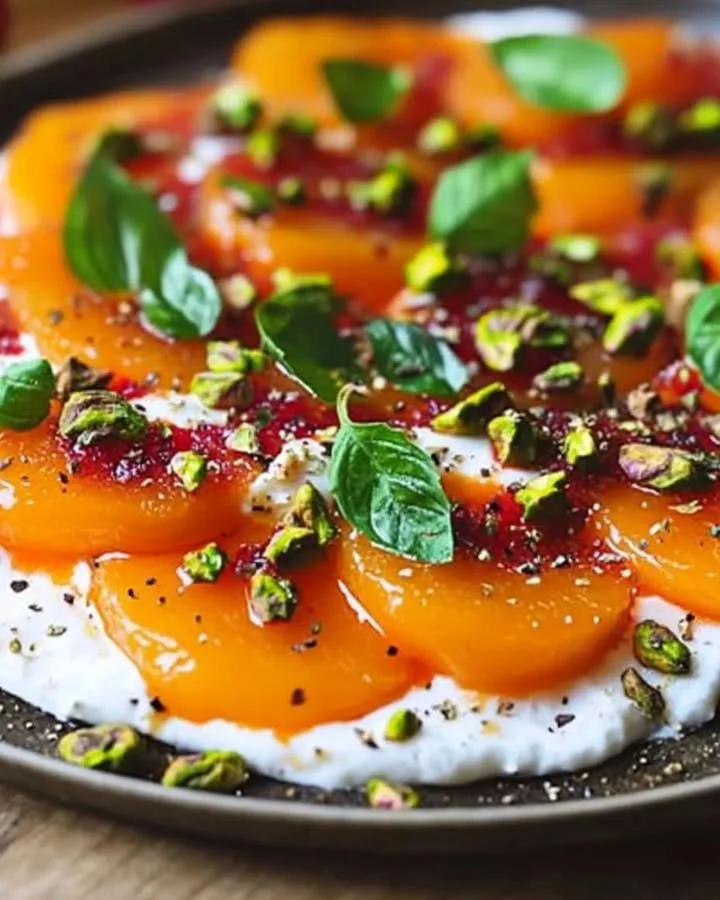 Persimmon Carpaccio with Burrata cheese and crushed pistachios on a plate