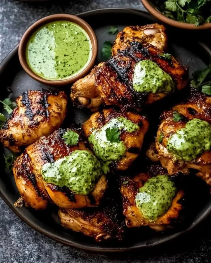 Peruvian grilled chicken served with vibrant green sauce on a plate.