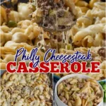 Philly Cheesesteak Casserole topped with melted cheese and peppers in a dish