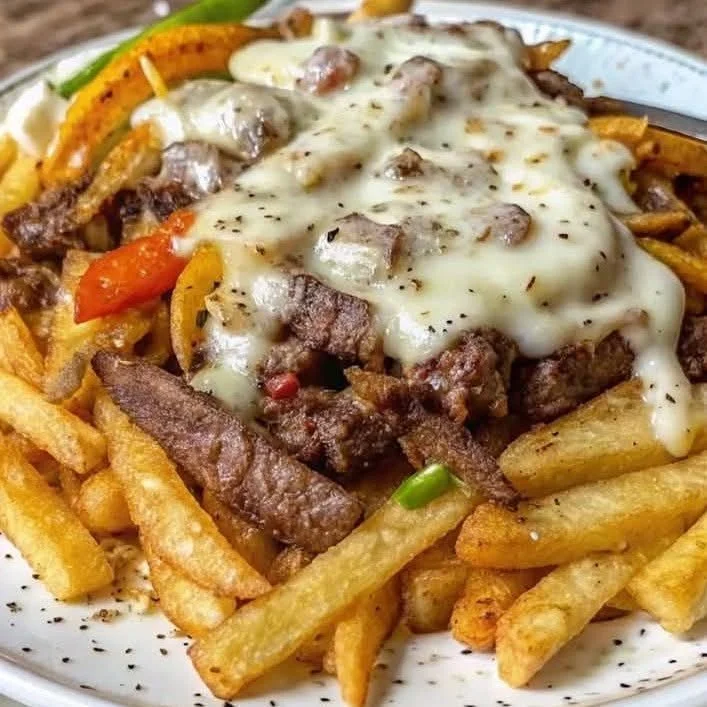 Delicious Philly Steak and Cheese Fries topped with melted cheese and peppers