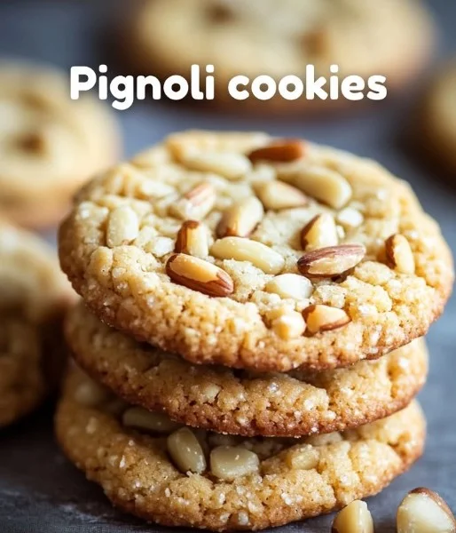 Delicious homemade Pignoli Cookies topped with pine nuts and almond paste.