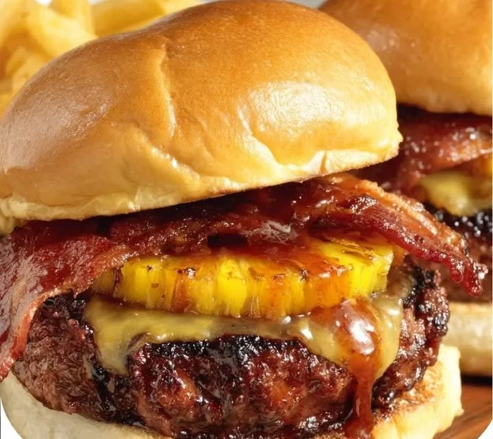 Oven BBQ Pineapple Bacon Burger topped with juicy pineapple and crispy bacon.