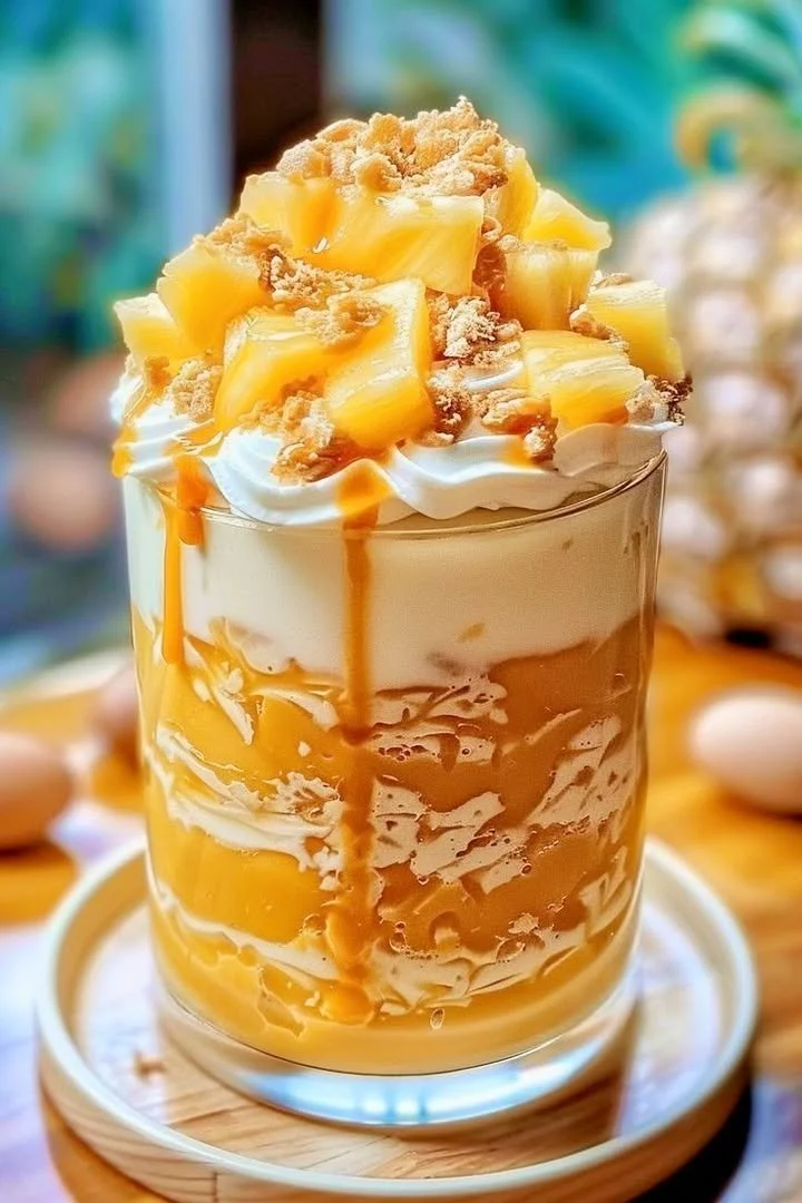Delicious Pineapple Caramel Parfait with layers of pineapple and caramel sauce