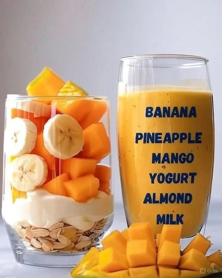 A delicious Pineapple Mango Smoothie in a glass with tropical fruits