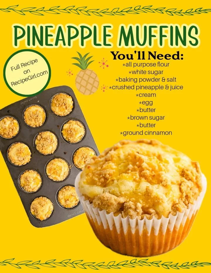 Freshly baked pineapple muffins with chunks of pineapple on a wooden table
