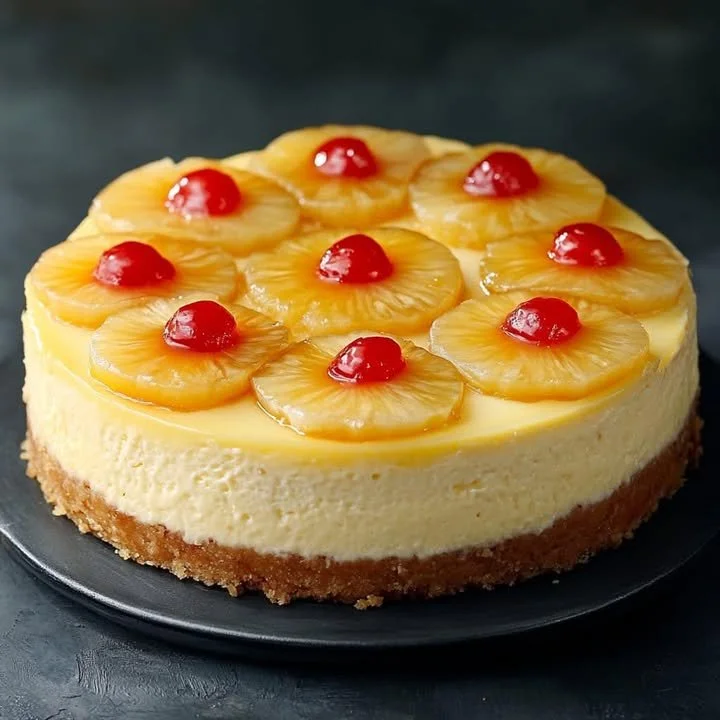 Delicious Pineapple Upside-Down Cheesecake topped with caramelized pineapple slices