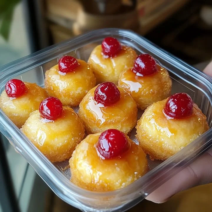 Pineapple Upside-Down Pound Cake Bites beautifully presented on a plate