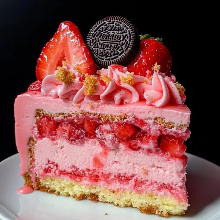 Pink strawberry cheesecake layer cake with fresh strawberries and creamy frosting