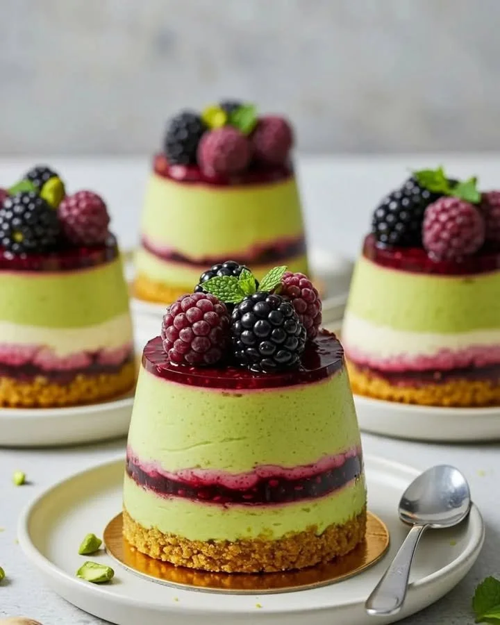 Pistachio and Blackberry Cheesecake Towers dessert stacked on a plate
