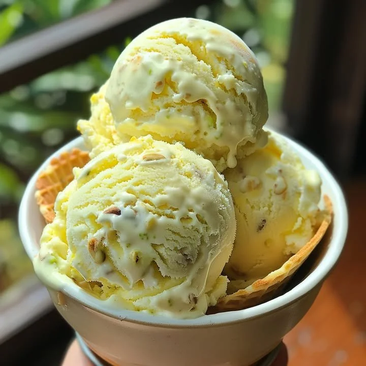 Delicious bowl of Pistachio Mango Ice Cream topped with nuts and mango pieces