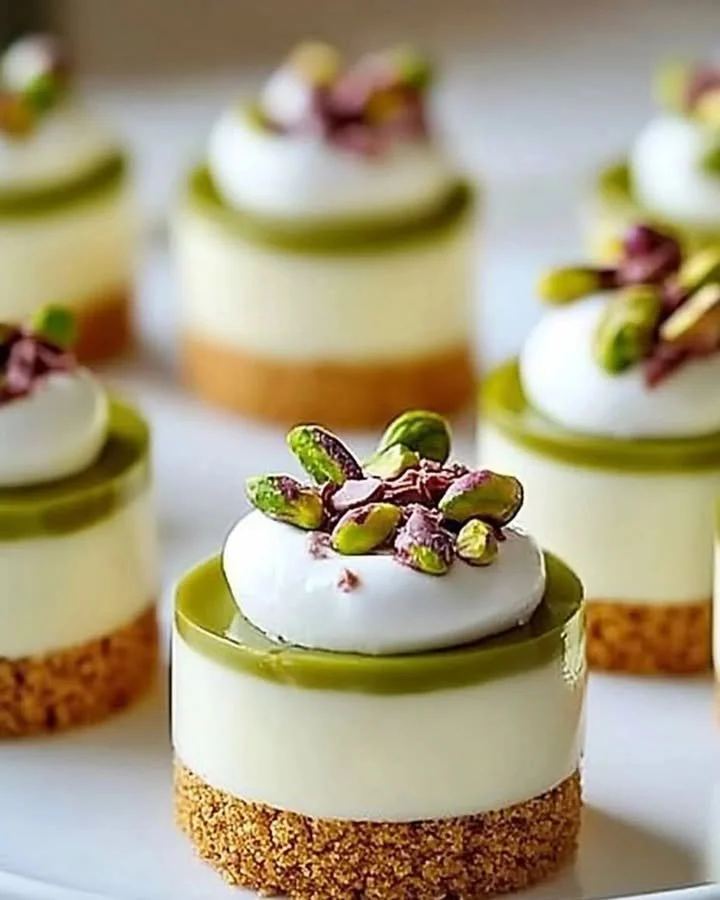 Delicious pistachio white chocolate mini cheesecakes on a plate
