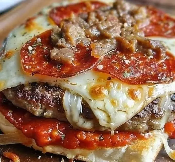 Delicious homemade Pizza Burgers topped with cheese and pepperoni.