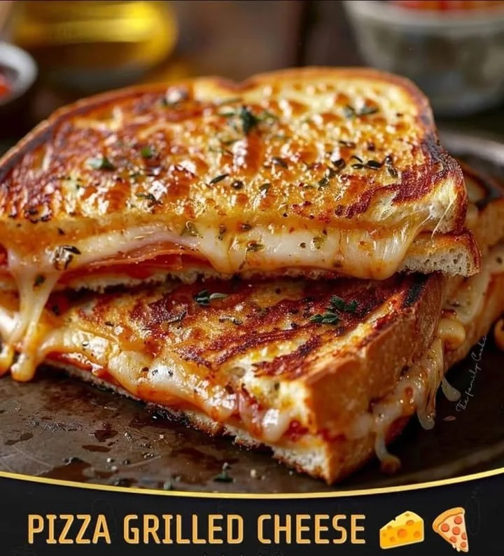 Delicious Pizza Grilled Cheese sandwich with melted cheese and pizza toppings