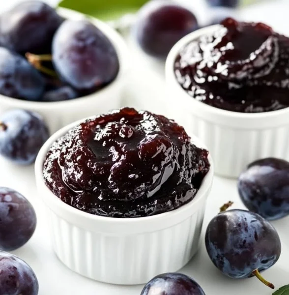 Homemade plum jam spread on bread with fresh plums in the background