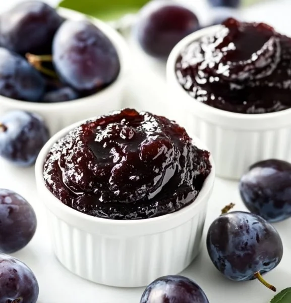 Homemade plum jam in a jar with fresh plums and a spoon
