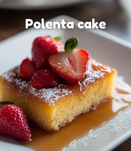 Delicious slice of polenta cake with toppings on a rustic plate