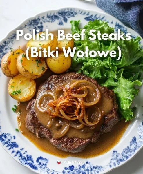 Delicious Polish beef steaks (beef medallions) served with herbs and vegetables